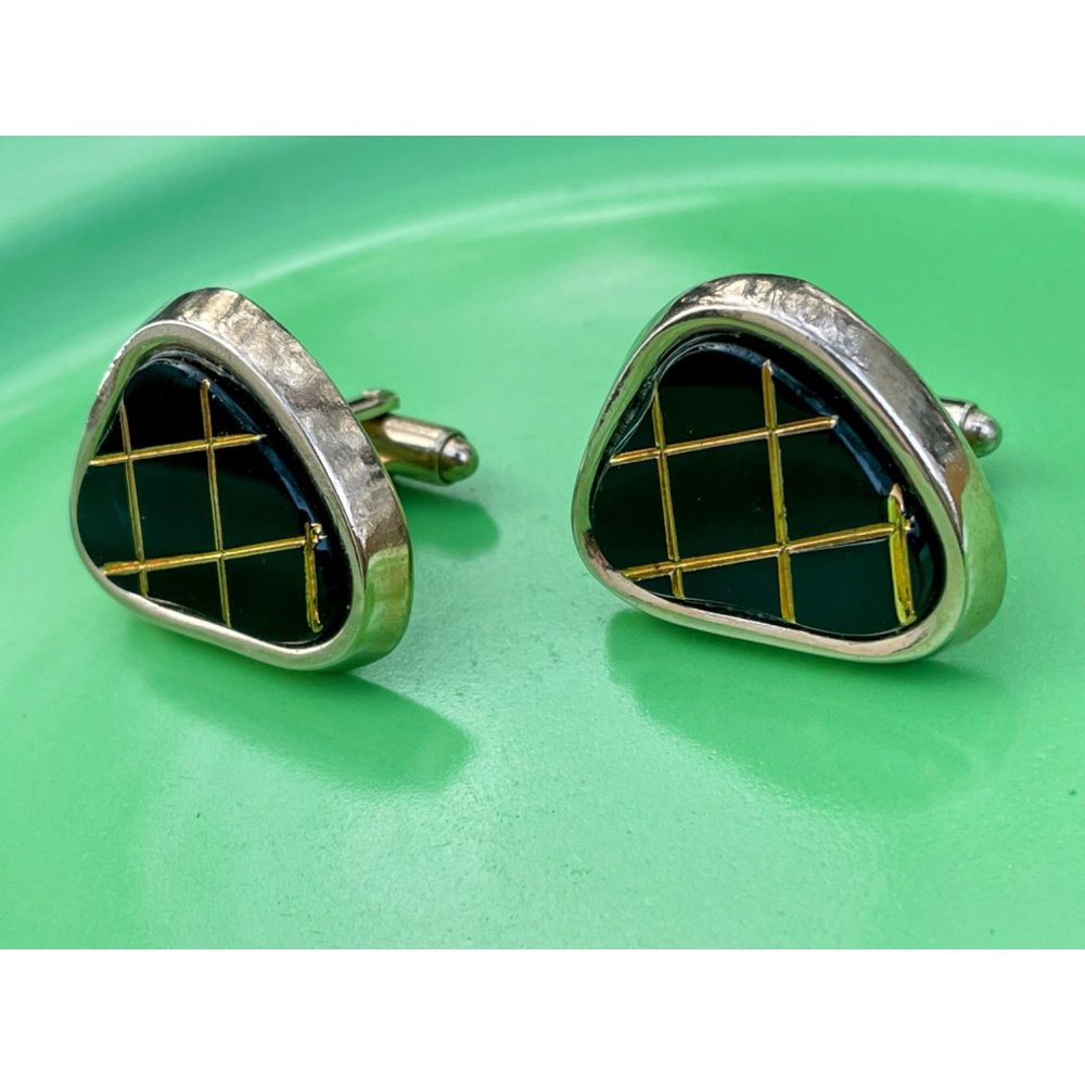 Vintage 1960s Chunky Mens Cufflinks Black Glass Matrix - Picture 4 of 8